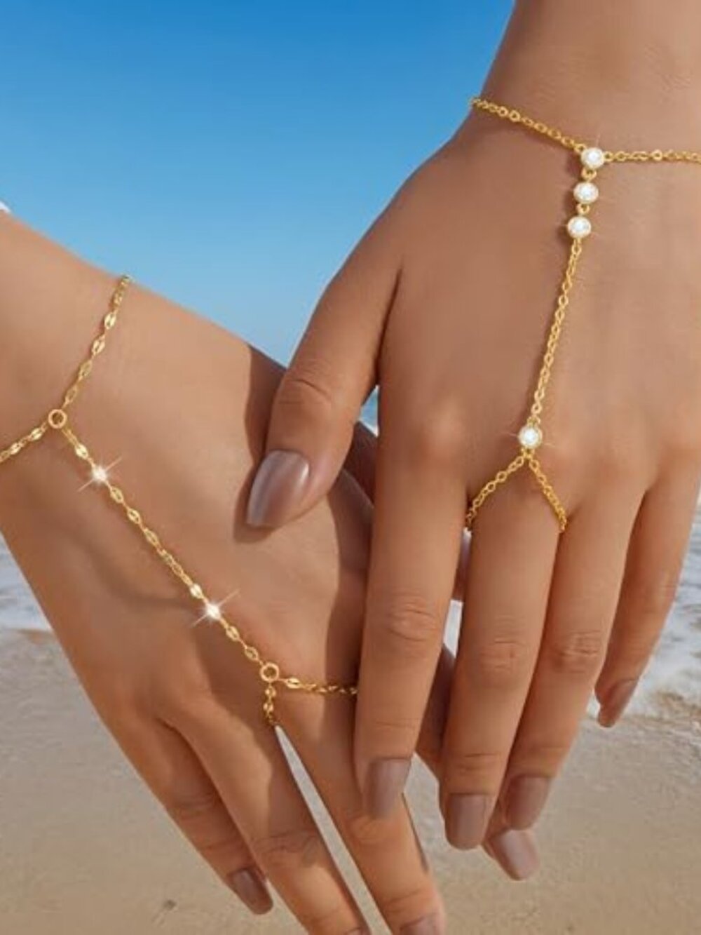 Gold Hand Chain Bracelets for Women, 2 Pcs 14k Gold Plated‎